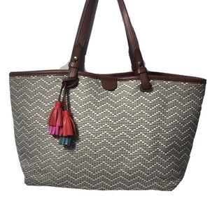 Fossil Brown and Cream Tote with Colorful Tassel.